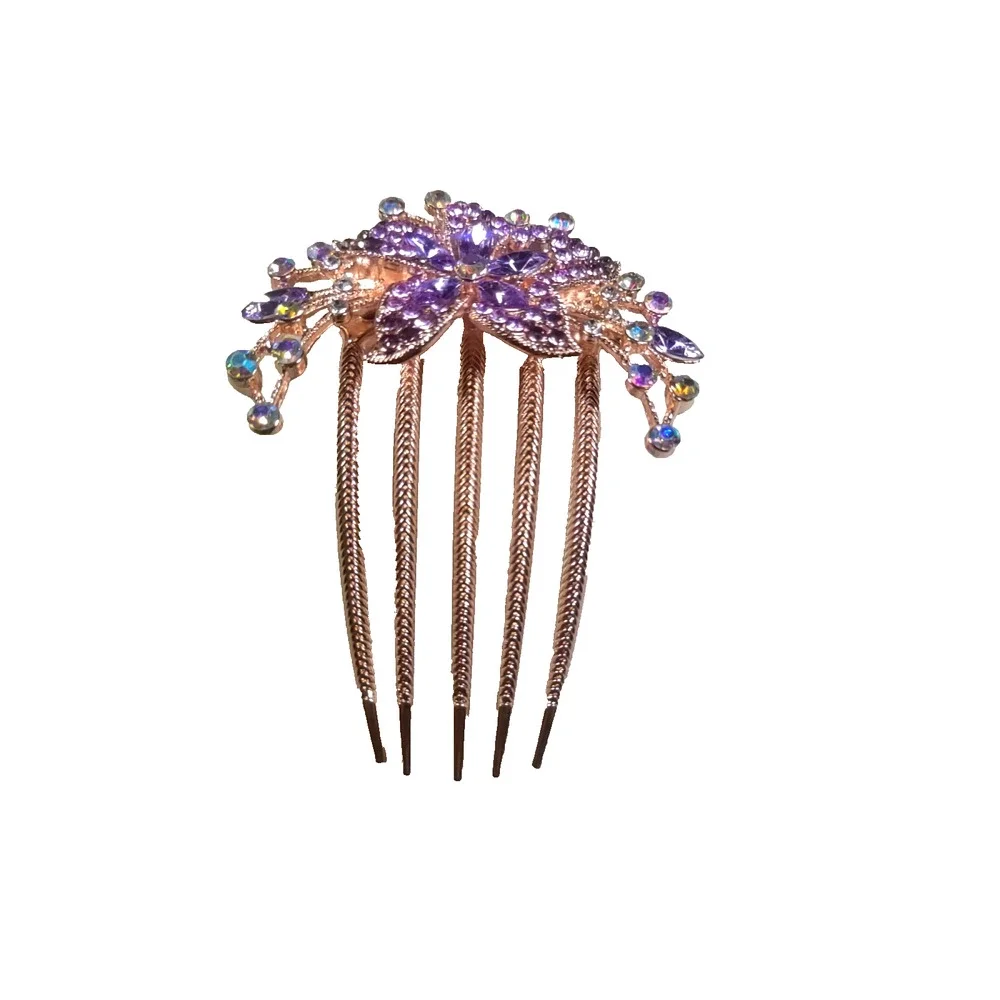 Hair Comb Barrette Purple Rose Gold Large Floral Hair Bun Updo